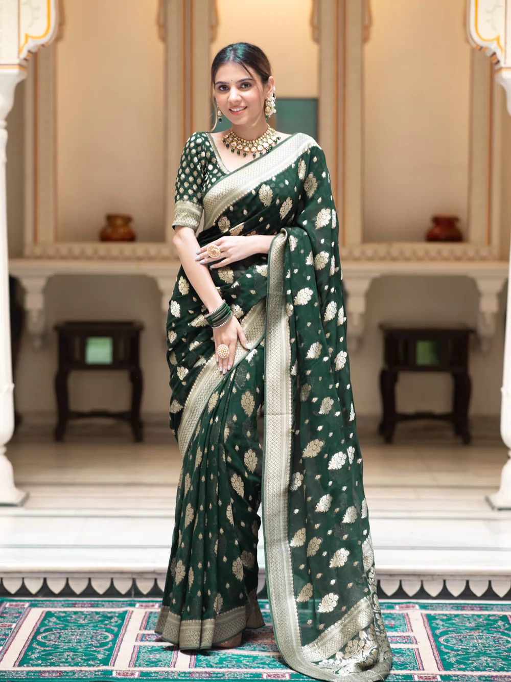 Ephemeral Dark Green Soft Banarasi Silk Saree With Magnificat Blouse Piece