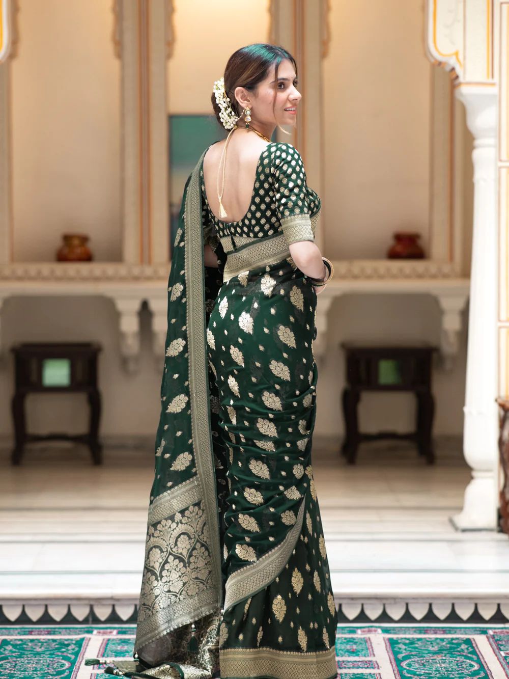 Ephemeral Dark Green Soft Banarasi Silk Saree With Magnificat Blouse Piece