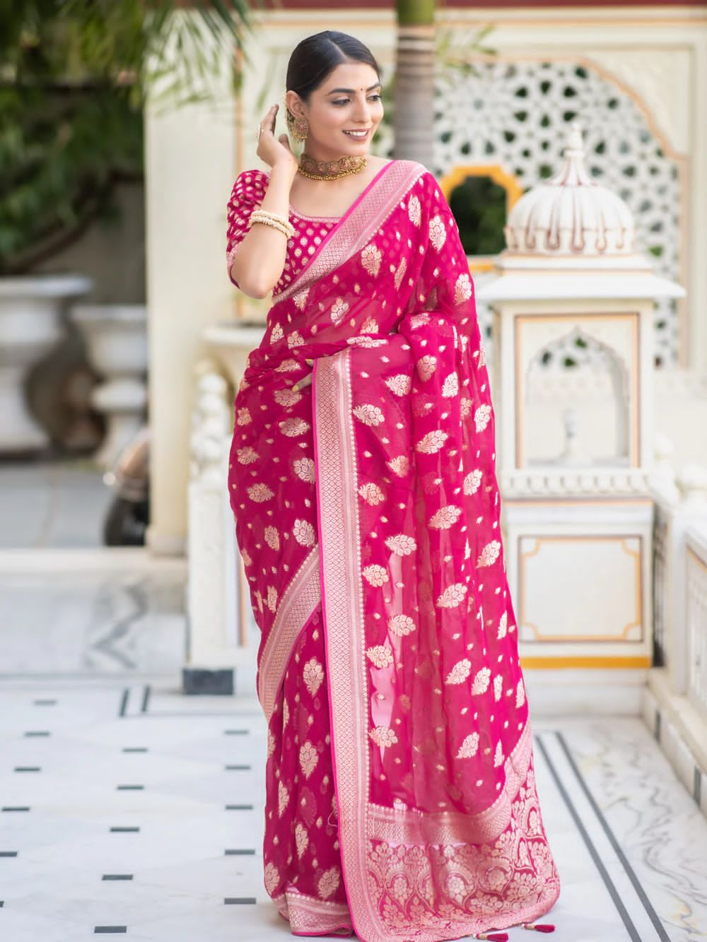 Embrocation Dark Pink Soft Banarasi Silk Saree With Splendorous Blouse Piece