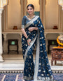 Eloquence Navy Blue Soft Banarasi Silk Saree With Transcendent Blouse Piece