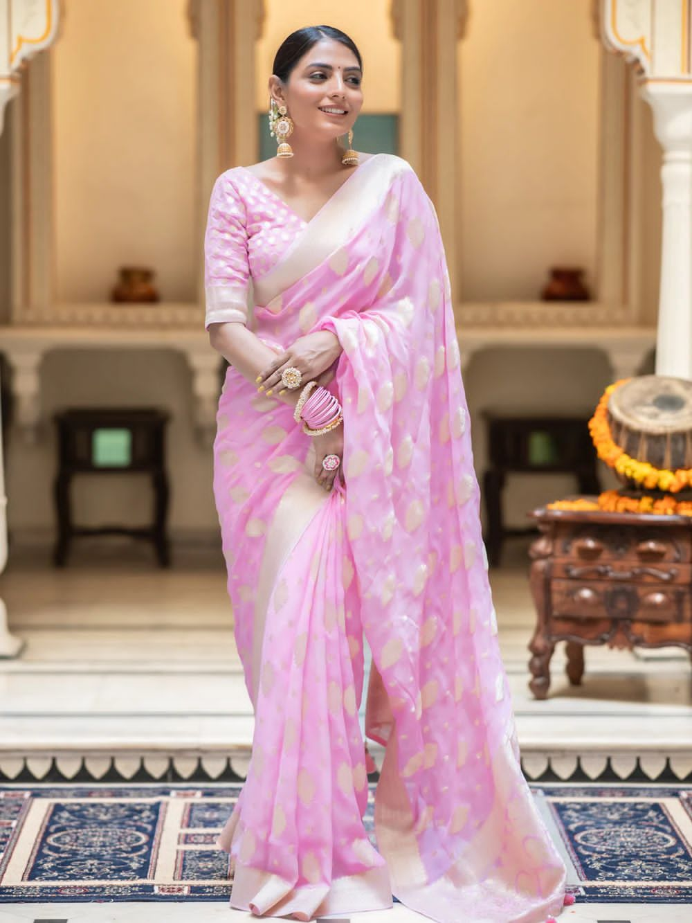 Most Flattering Pink Soft Banarasi Silk Saree With Panoply Blouse Piece