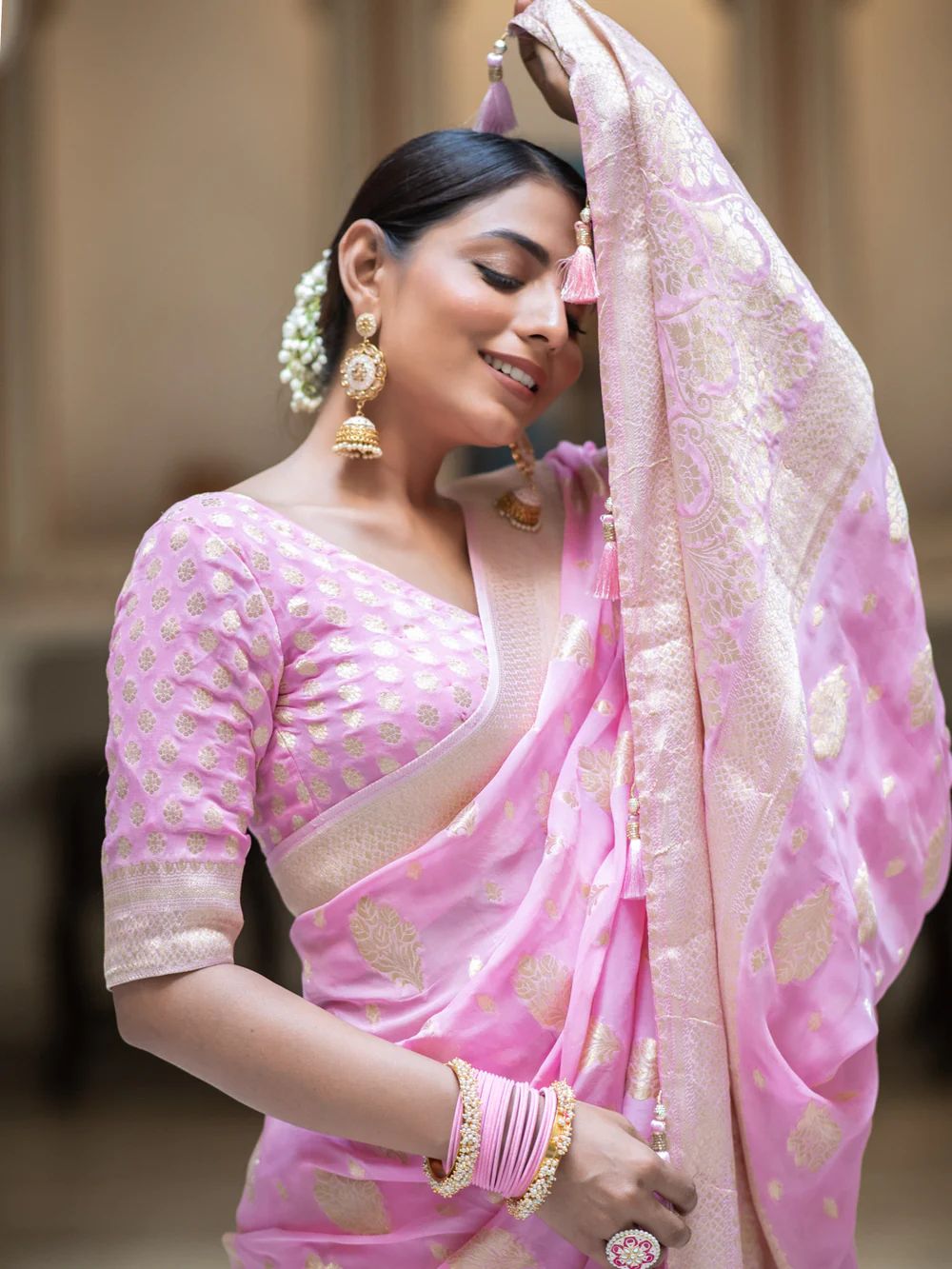 Most Flattering Pink Soft Banarasi Silk Saree With Panoply Blouse Piece