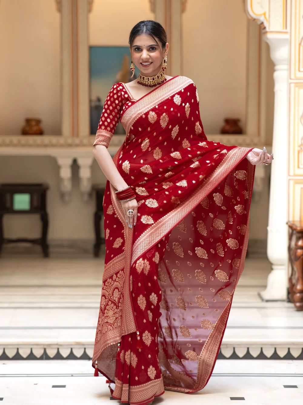 Entrancing Red Soft Banarasi Silk Saree With Palimpsest Blouse Piece