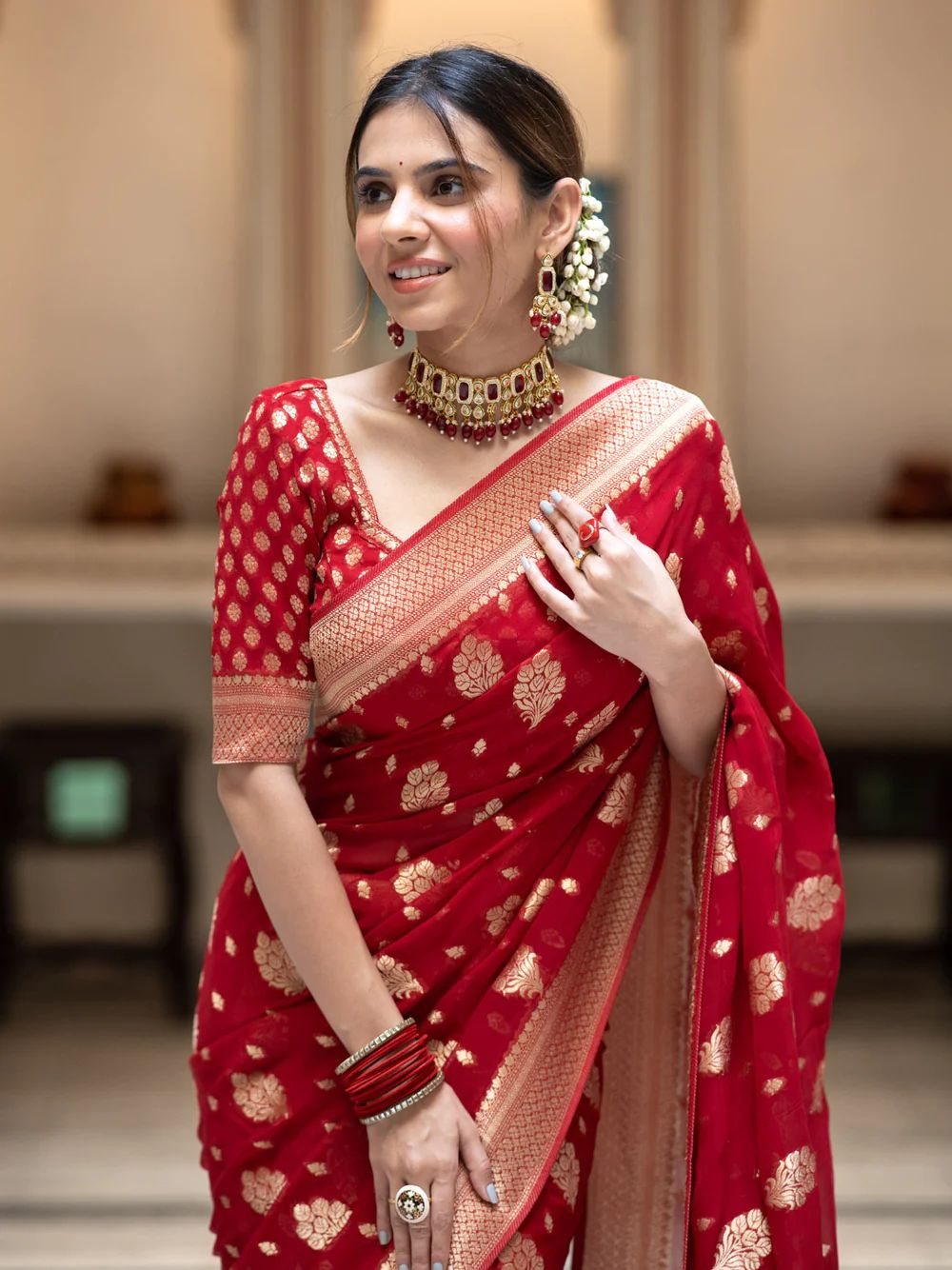 Entrancing Red Soft Banarasi Silk Saree With Palimpsest Blouse Piece