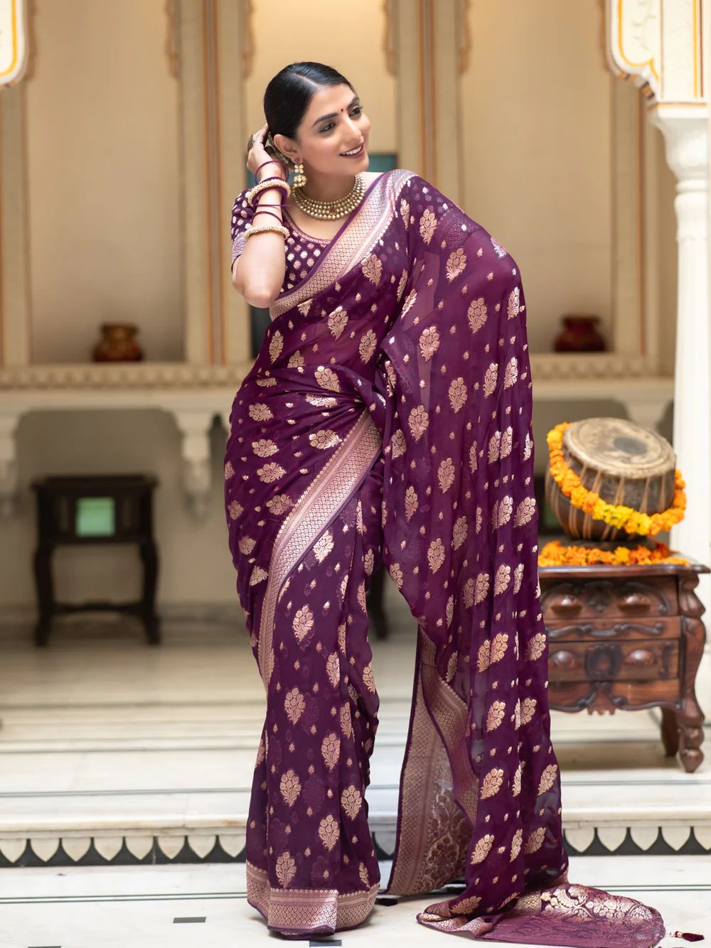 Inspiring Wine Soft Banarasi Silk Saree With Nemesis Blouse Piece