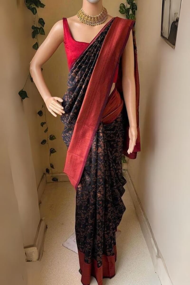 Felicitous Black Soft Silk Saree With Whimsical Blouse Piece