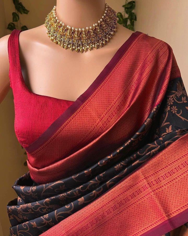 Felicitous Black Soft Silk Saree With Whimsical Blouse Piece