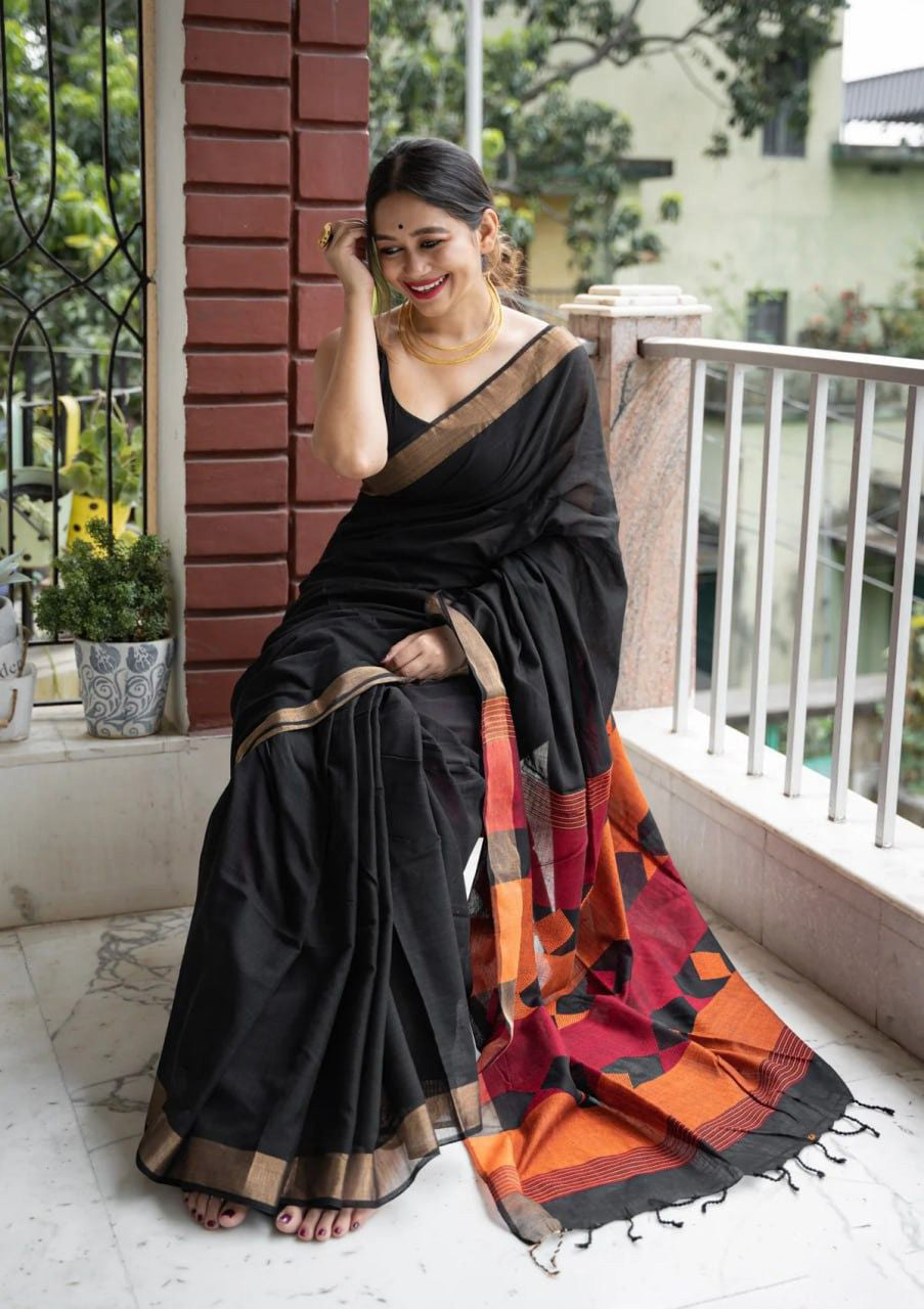 Seraglio Black Cotton Silk Saree With Improbable Blouse Piece