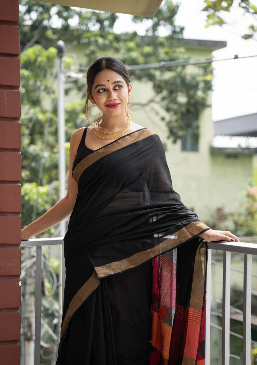 Seraglio Black Cotton Silk Saree With Improbable Blouse Piece