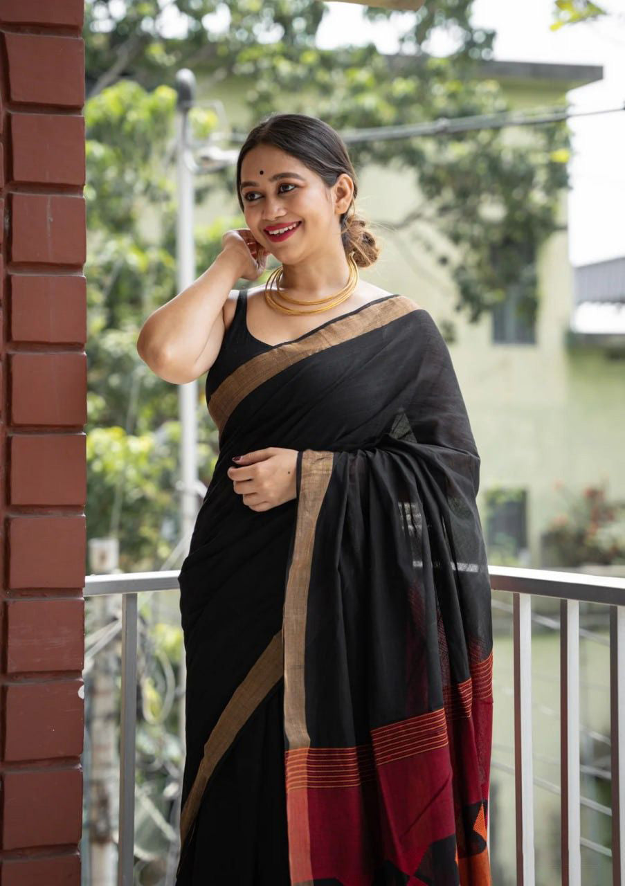 Seraglio Black Cotton Silk Saree With Improbable Blouse Piece