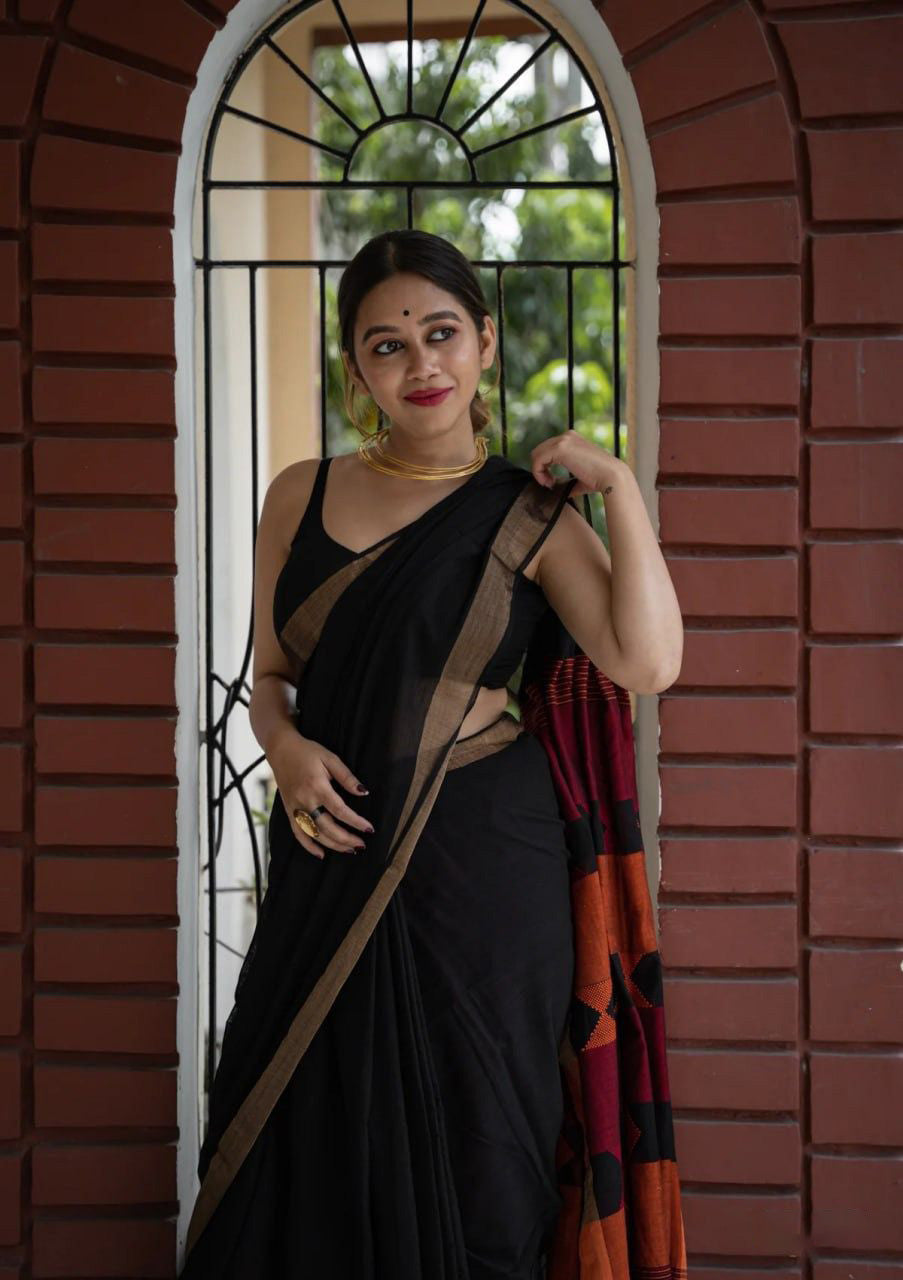 Seraglio Black Cotton Silk Saree With Improbable Blouse Piece