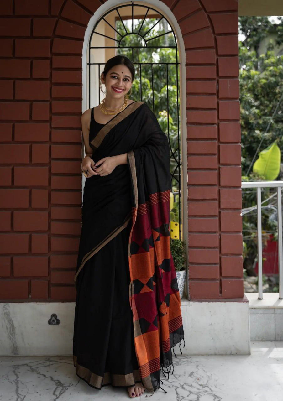 Seraglio Black Cotton Silk Saree With Improbable Blouse Piece