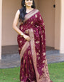 Embellished Wine Soft Banarasi Silk Saree With Phenomenal Blouse Piece
