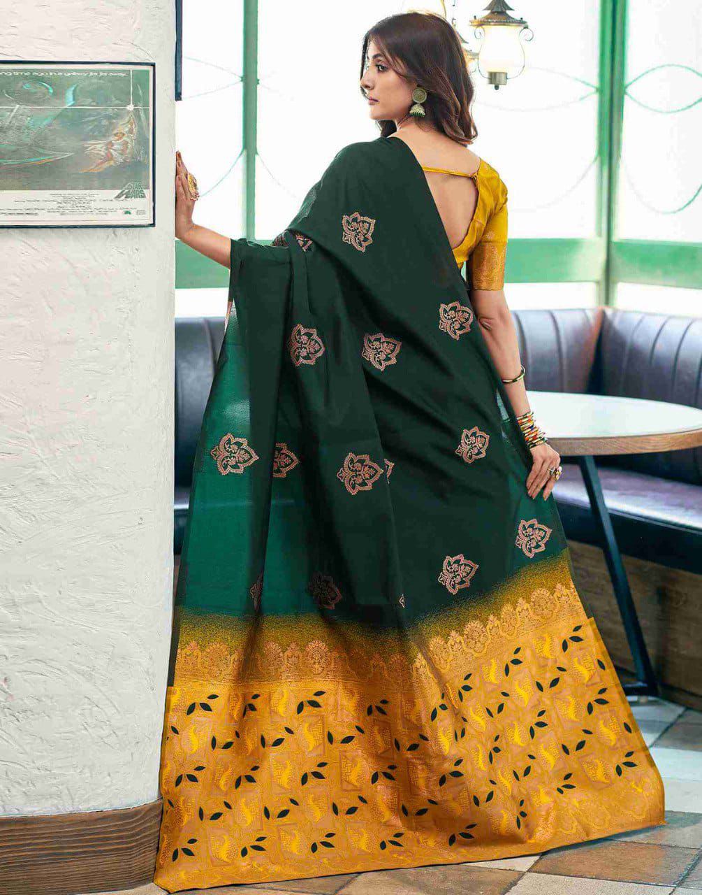 Demanding Dark Green Soft Silk Saree With Captivating Blouse Piece