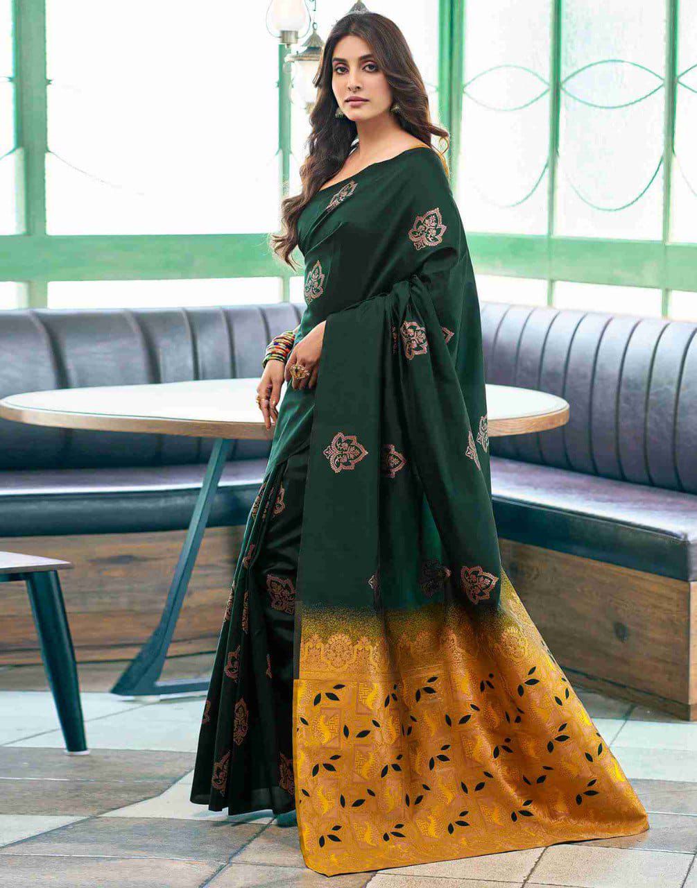 Demanding Dark Green Soft Silk Saree With Captivating Blouse Piece