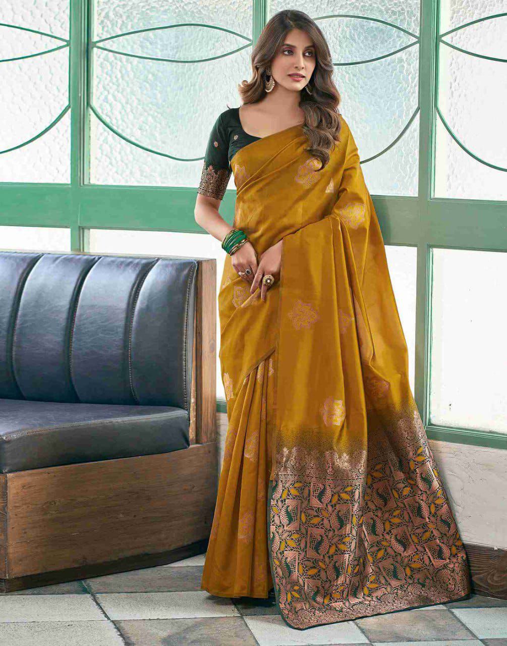 Demanding Mustard Soft Silk Saree With Captivating Blouse Piece