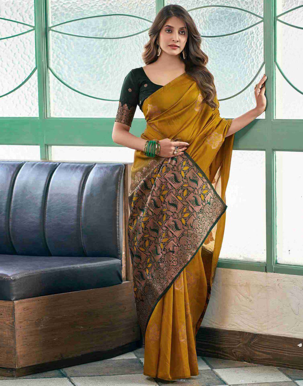 Demanding Mustard Soft Silk Saree With Captivating Blouse Piece