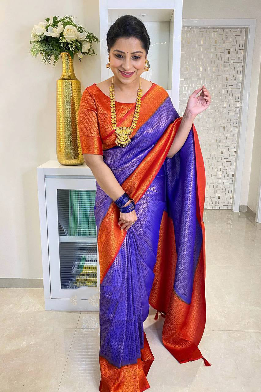 Verdant Royal Blue Soft Silk Saree With Captivating Blouse Piece