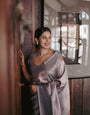 Preferable Grey Soft Silk Saree With Flameboyant Blouse Piece