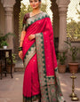 Mesmerising Dark Pink Pure Zari Weaving Banarasi Silk Saree With Snappy Blouse Piece