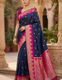 Moiety Navy Blue Pure Zari Weaving Banarasi Silk Saree With Cynosure Blouse Piece