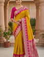 Adoring Yellow Pure Zari Weaving Banarasi Silk Saree With Exemplary Blouse Piece