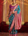 Elaborate Firozi Pure Zari Weaving Banarasi Silk Saree With Confounding Blouse Piece