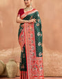Denouement Dark Green Pure Zari Weaving Banarasi Silk Saree With Allure Blouse Piece
