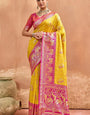 Grandiose Yellow Pure Zari Weaving Banarasi Silk Saree With Gleaming Blouse Piece