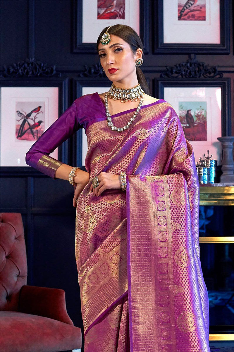 Zephyr Purple Kanjivaram Silk Saree With Charismatic Blouse Piece