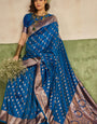 Aplomb Blue Pure Zari Weaving Banarasi Silk Saree With Scintilla Blouse Piece