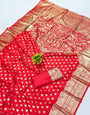 Fancifull Red Pure Zari Weaving Banarasi Silk Saree With Eclat Blouse Piece