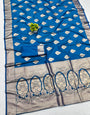 Excellent Blue Pure Zari Weaving Banarasi Silk Saree With Smart Blouse Piece