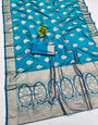 Brood Firozi Pure Zari Weaving Banarasi Silk Saree With Panoply Blouse Piece