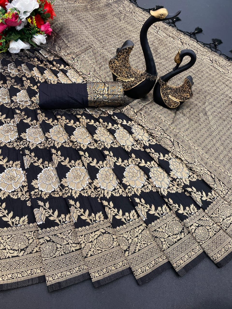 Amiable Black Soft Banarasi Silk Saree With Elaborate Blouse Piece