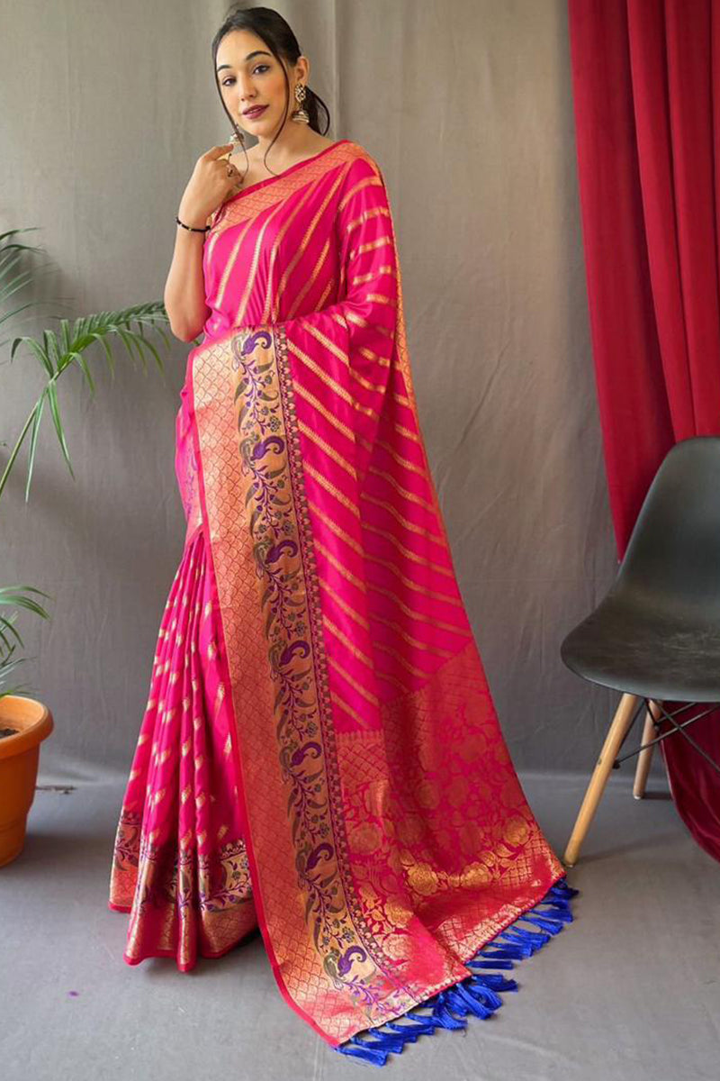 Winsome Dark Pink Paithani Silk Saree With Amazing Blouse Piece