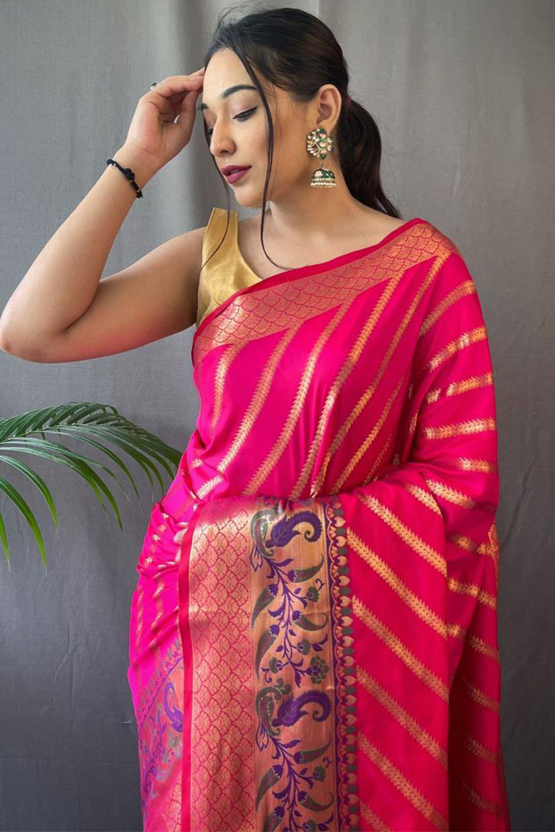 Winsome Dark Pink Paithani Silk Saree With Amazing Blouse Piece