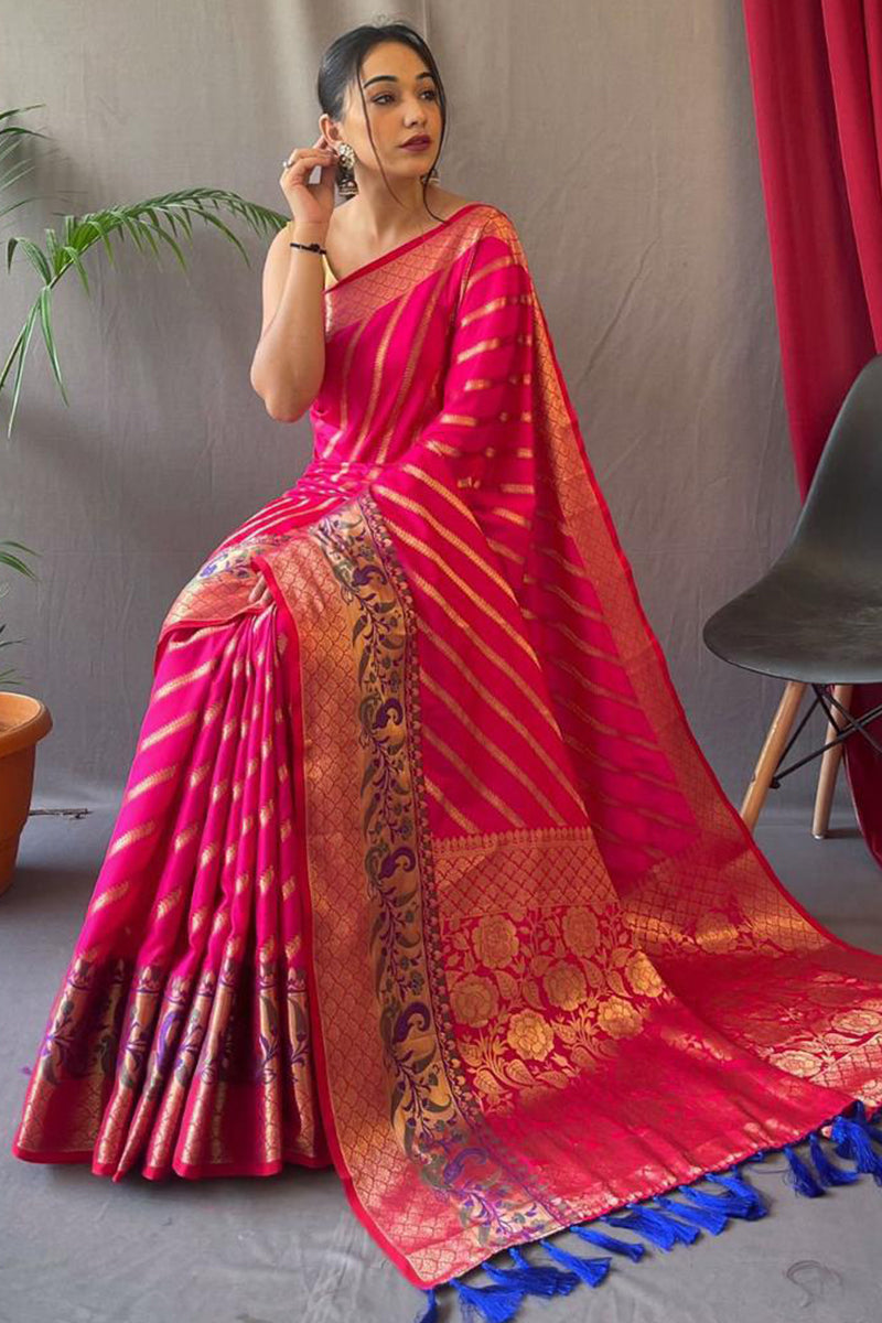 Winsome Dark Pink Paithani Silk Saree With Amazing Blouse Piece