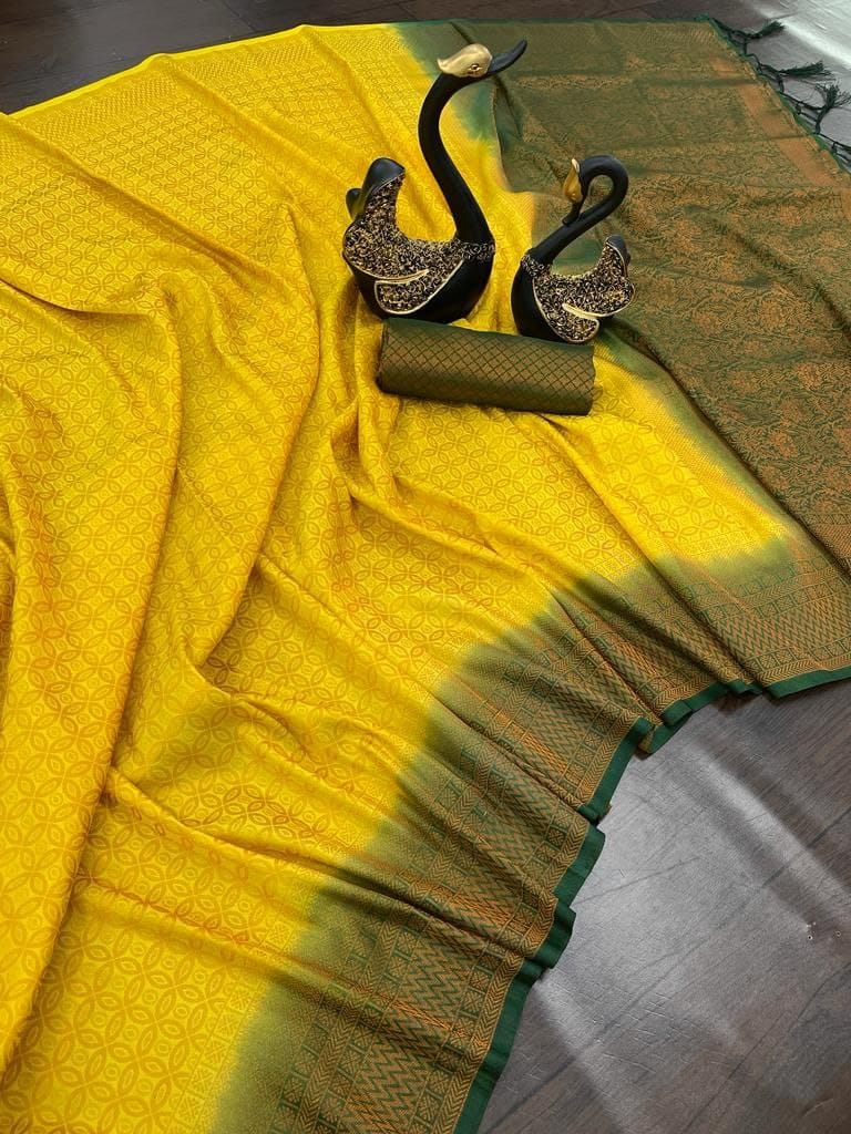 Ravishing Yellow Kanjivaram Silk Saree With Alluring Blouse Piece