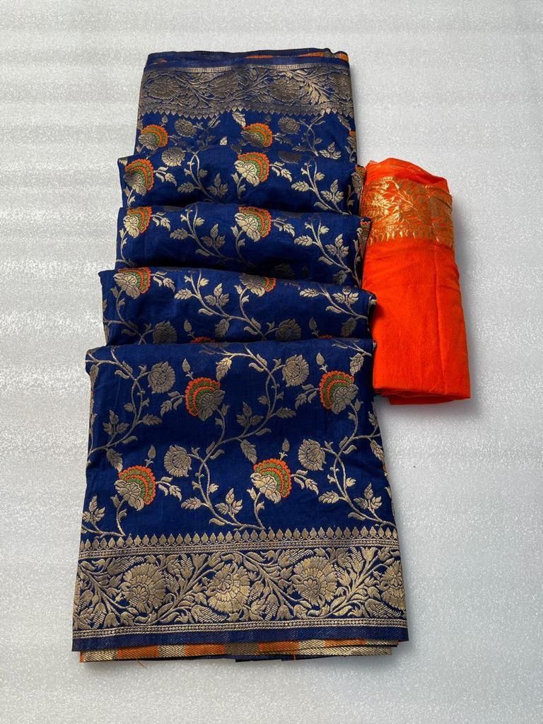 Aplomb Navy Blue Soft Banarasi Silk Saree With Ideal Blouse Piece