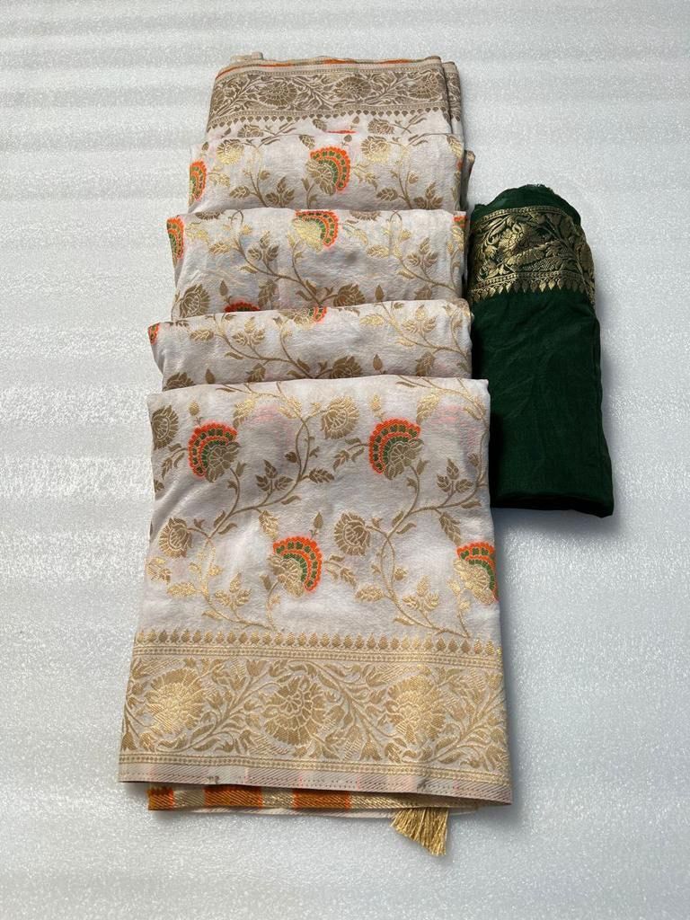 Enamoring Off White Soft Banarasi Silk Saree With Traditional Blouse Piece