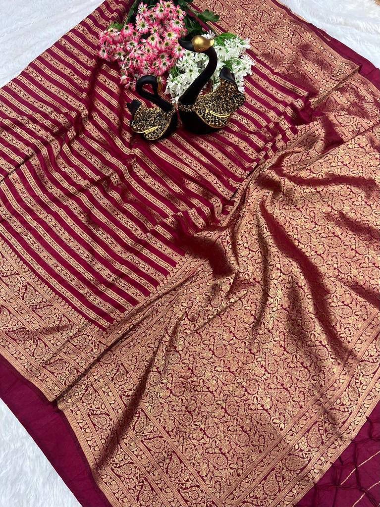 Resplendent Wine Soft Banarasi Silk Saree With Rhapsodic Blouse Piece