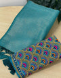 Imaginative Firozi Kanjivaram Silk Saree With Two Ornate Blouse Piece