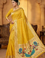 Sonorous Yellow Paithani Silk Saree With Ethereal Blouse Piece