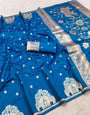 Staggering Blue Pure Zari Weaving Banarasi Silk Saree With Efflorescence Blouse Piece