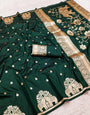 Glittering Dark Green Pure Zari Weaving Banarasi Silk Saree With Improbable Blouse Piece