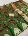 Most Stunning Green Pure Zari Weaving Banarasi Silk Saree With Pleasurable Blouse Piece