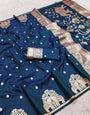Fancifull Navy Blue Pure Zari Weaving Banarasi Silk Saree With Woebegone Blouse Piece