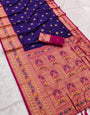 Lissome Navy Blue Paithani Silk Saree With Beauteous Blouse Piece