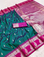 Gratifying Rama Pure Zari Weaving Banarasi Silk Saree With Embrocation Blouse Piece